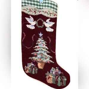 Vintage Needlepoint Wool Festive Holiday Christmas Stocking with Tree and Gifts